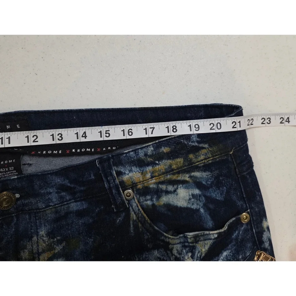 Krome New York Mens 42x32 Moto Biker Jean Acid Wash Distressed Blue Yellow Splat